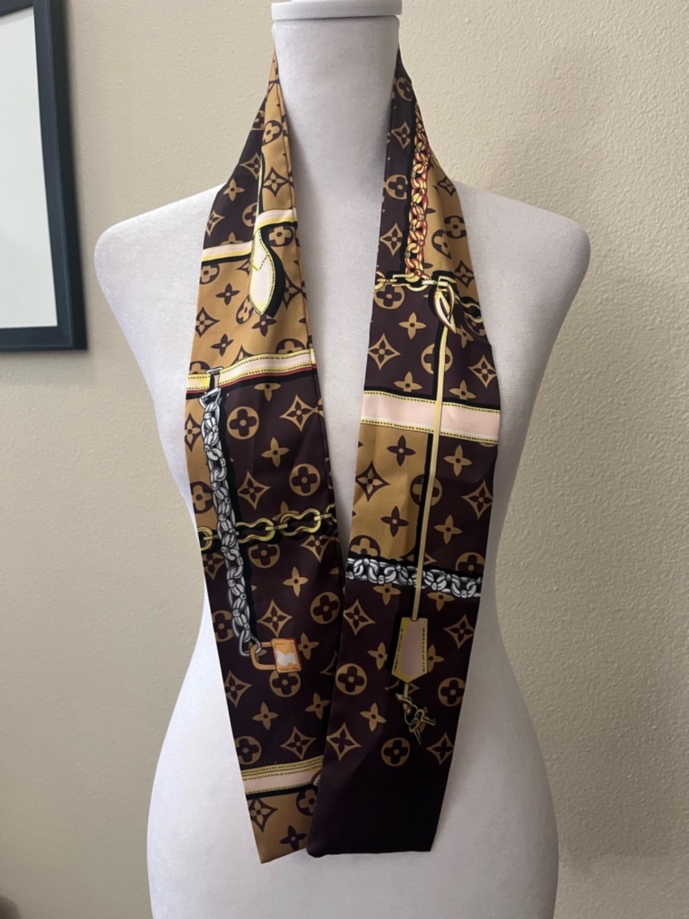 Luxury-Inspired Brown & Gold Patterned Twilly Scarf